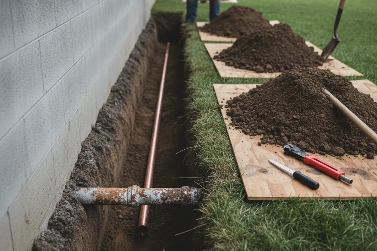 Excavated water line trench during Sewer Line Repair in Township Of Washington